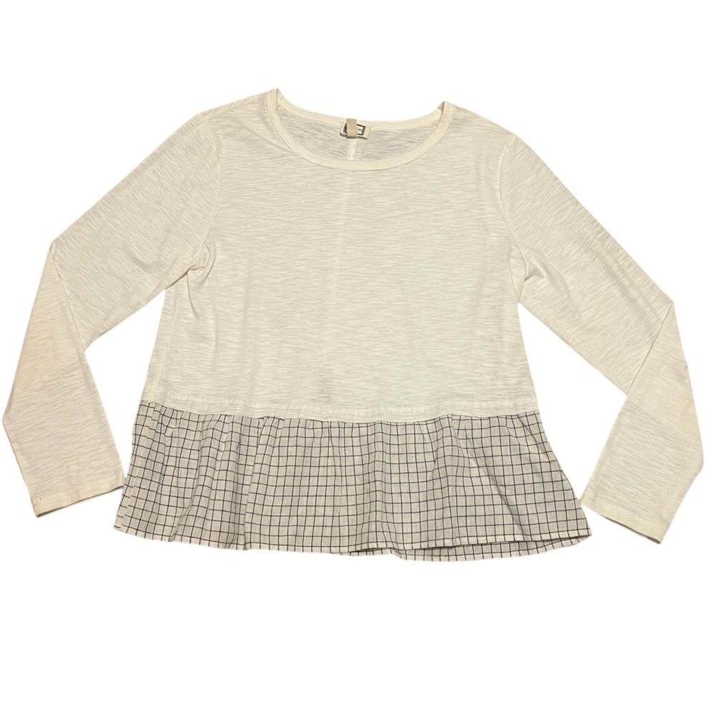 Mo:Vint NWOT cream long sleeve plaid ruffle keyhole back blouse boho